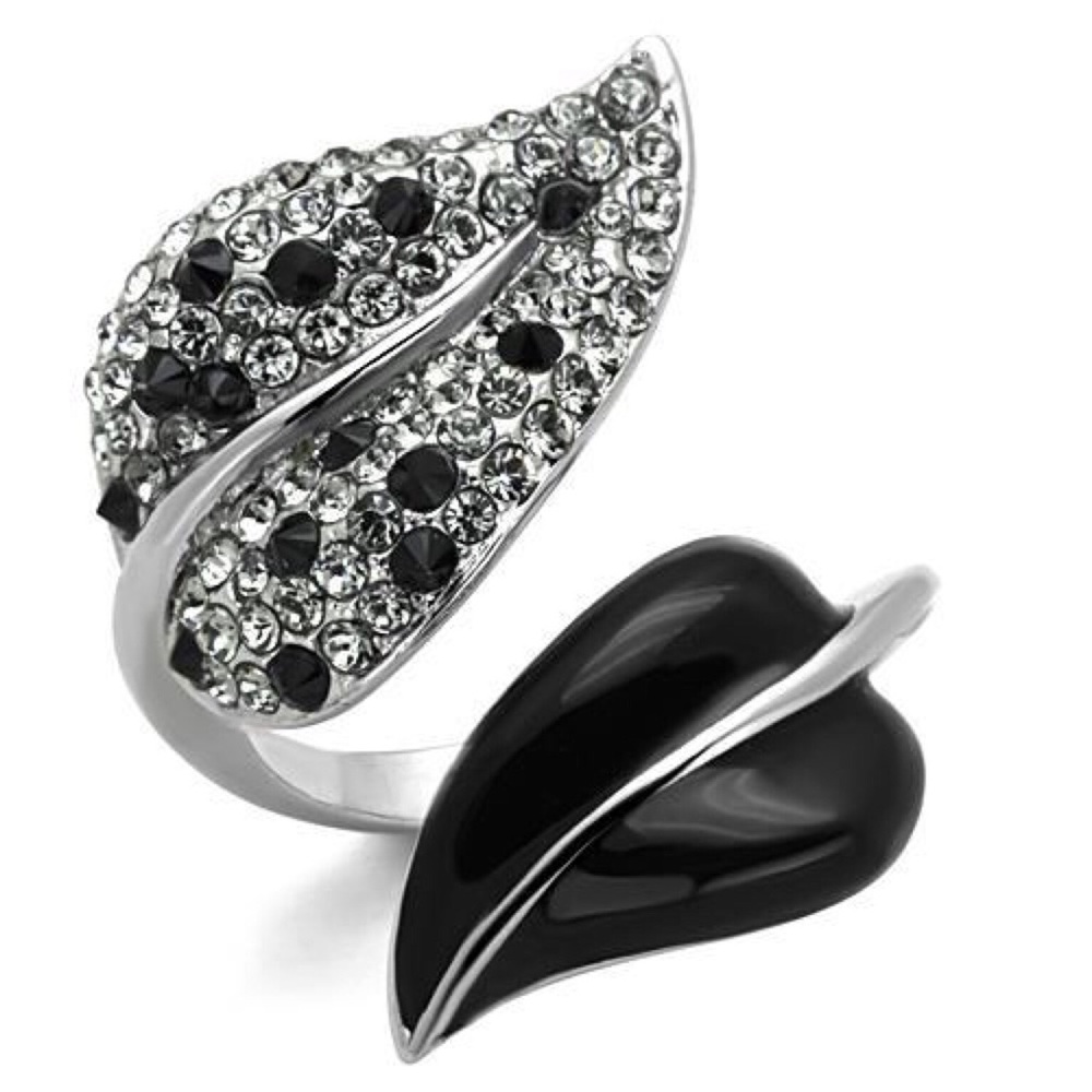 STAINLESS STEEL Black & Clear Crystals Leaf Ring - Picture 13 of 15